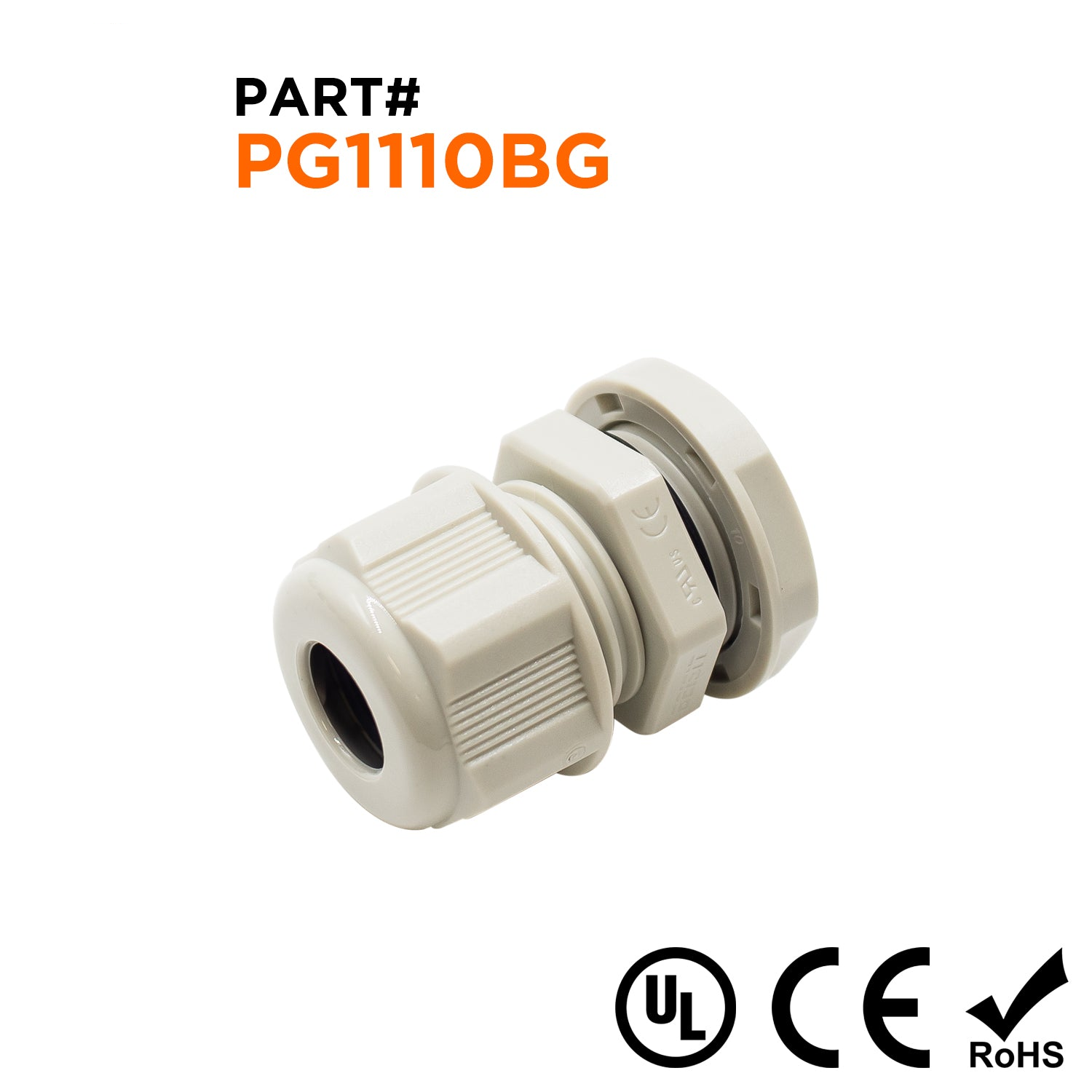 P1110BG - PG11 Rosca De nailon Prensaestopas, Beige, Rango: 3/16" a 3/8", UL Listed, IP68, IP69K - 1 pieza
