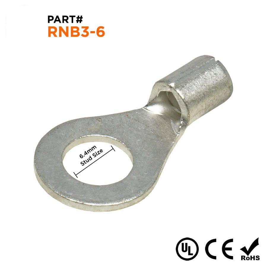 RNB3-6 - 14 to 12 AWG Non Insulated Ring Terminals, 1/4" Stud, UL Recognized, 100 Pieces