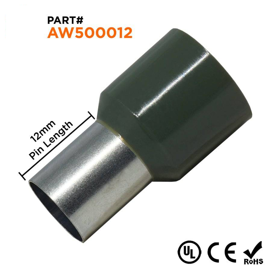 AW500012 - 1 AWG Single Insulated Punteras, 12mm Pin, Olive Verde, UL Recognized, 50 piezas