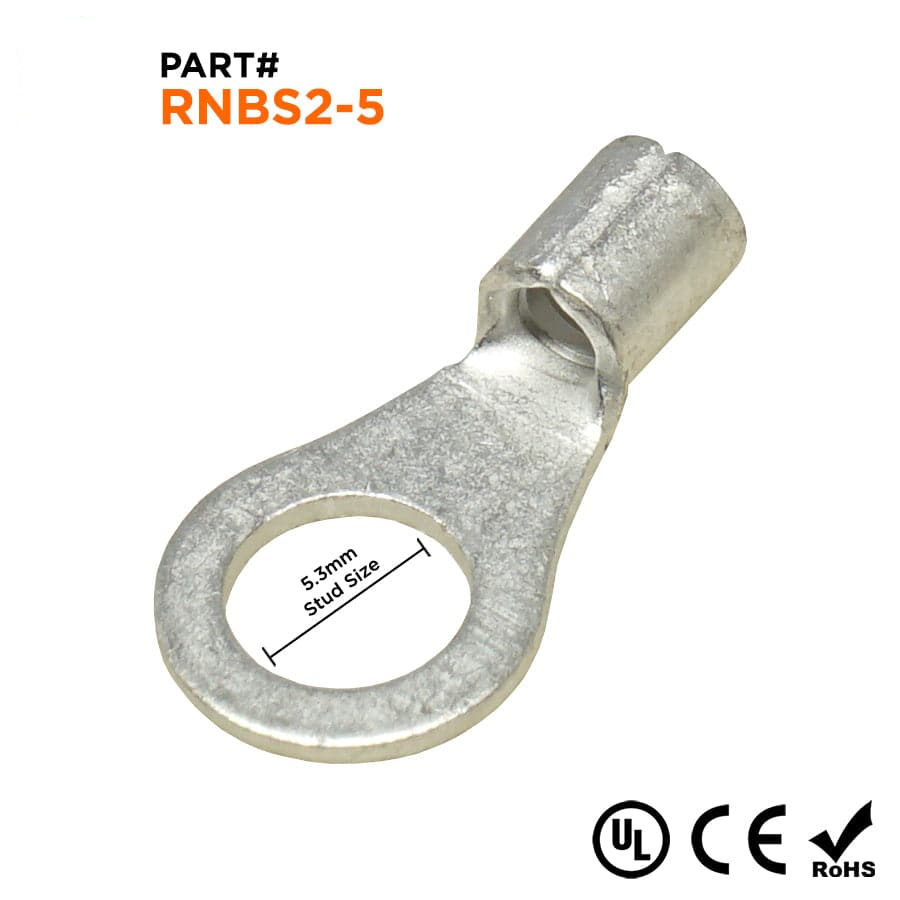 RNBS2-5 - 16 to 14 AWG Non Insulated Ring Terminals, #10 Stud, UL Recognized, 100 Pieces