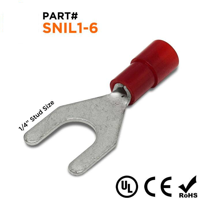 SNIL1-6 - 22 to 16 AWG Polycarbonate Spade Terminals, 1/4" Stud, 100 Pieces