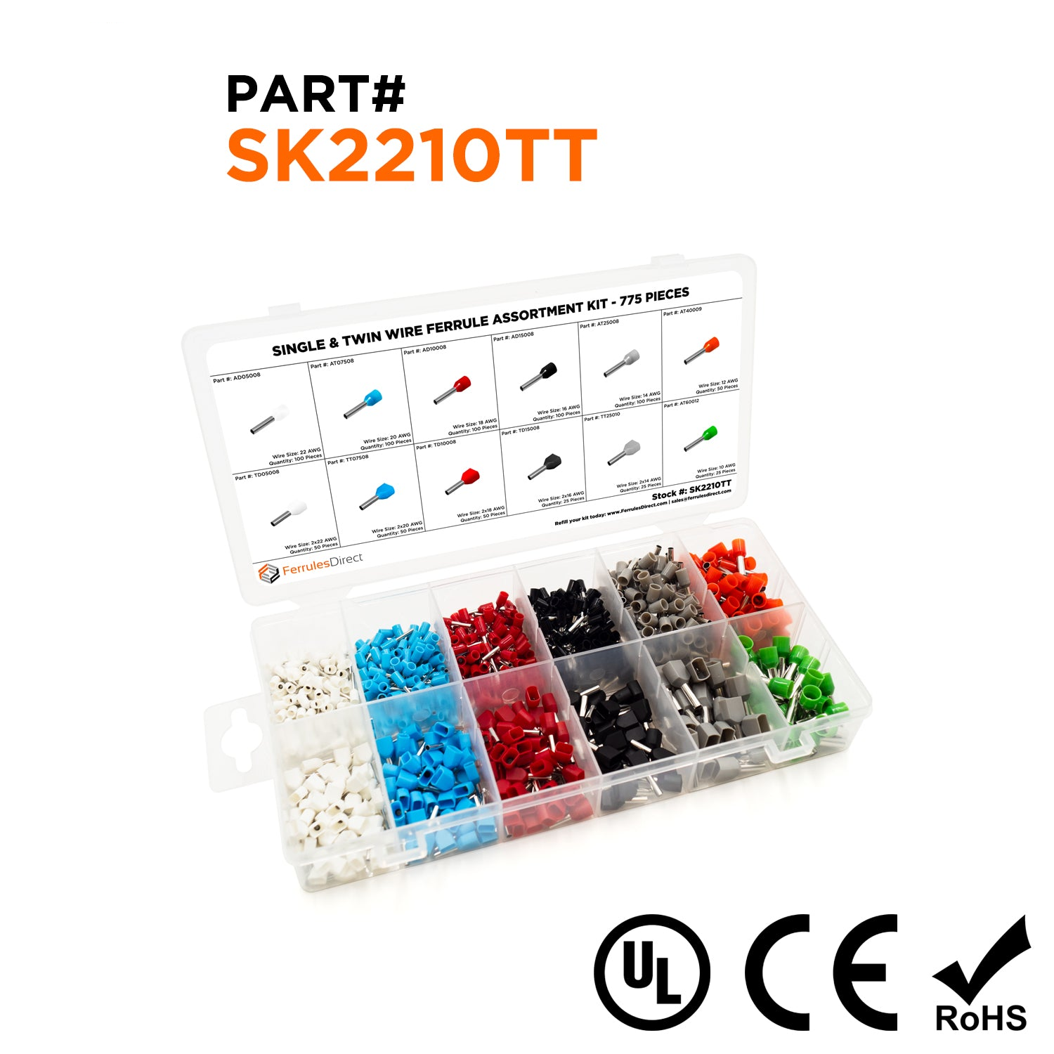 SK2210TT - 22 to 10 AWG Single & Twin Wire Ferrules Assortment Kit, 775 Pieces, Series T, 1 Kit