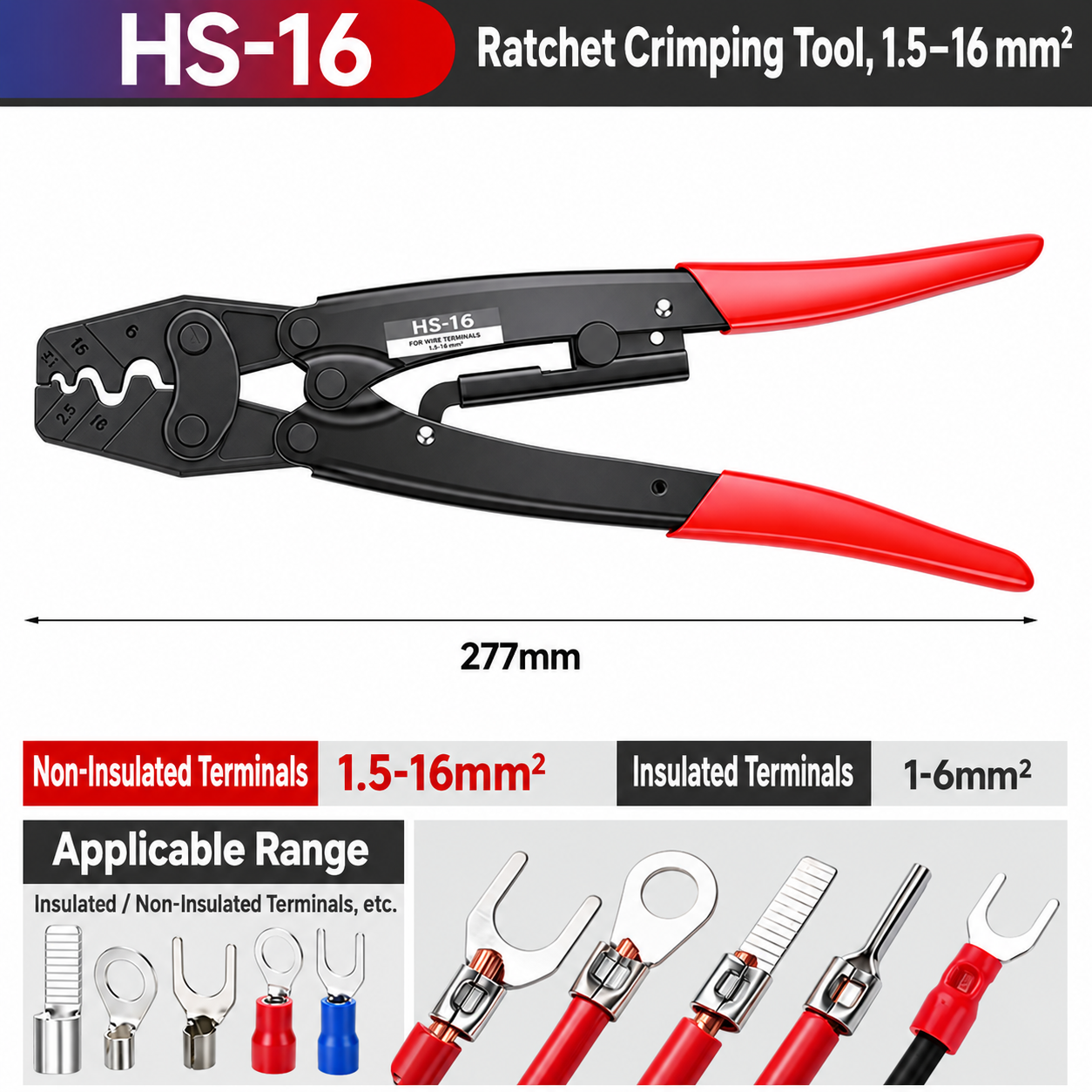 HS-16, crimpadora manual de carraca, 1.5–16 mm²