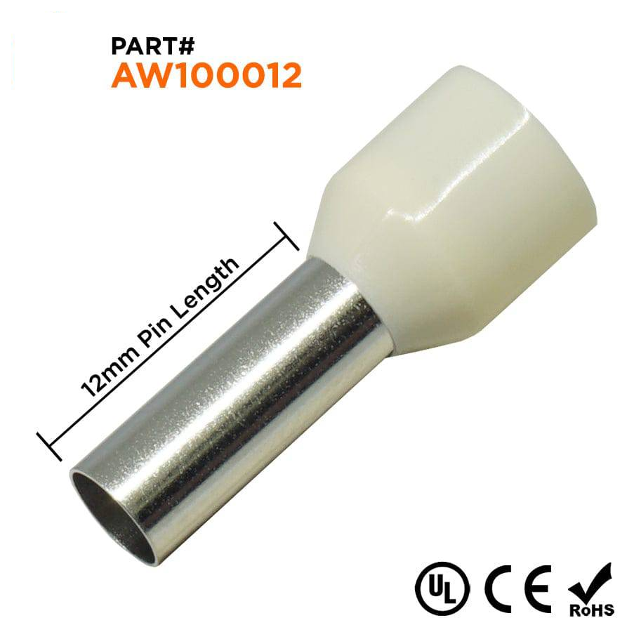 AW100012 - 8 AWG Insulated Wire Ferrules, 12mm Pin, Beige, UL Recognized, 100 Pieces