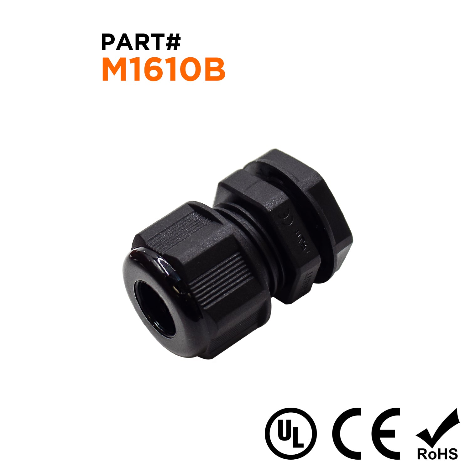 M1610B - M16 x 1.5mm Metric Rosca De nailon Prensaestopas, Negro, Rango: 3/16" a 3/8", UL Listed, IP68, IP69K - 1 pieza