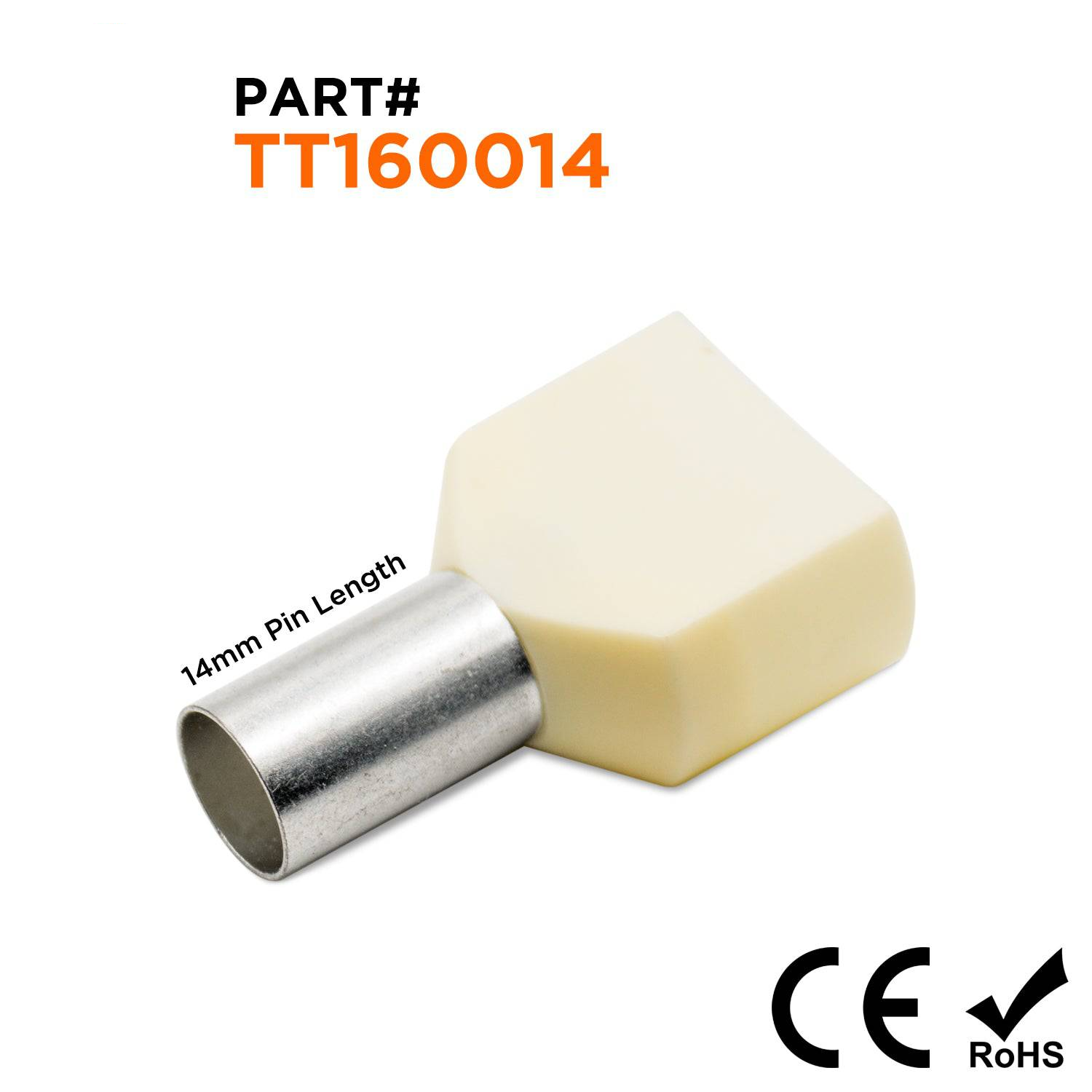 TT160014 - 6 AWG Twin Wire Ferrules, 14mm Pin, Beige, 100 Pieces