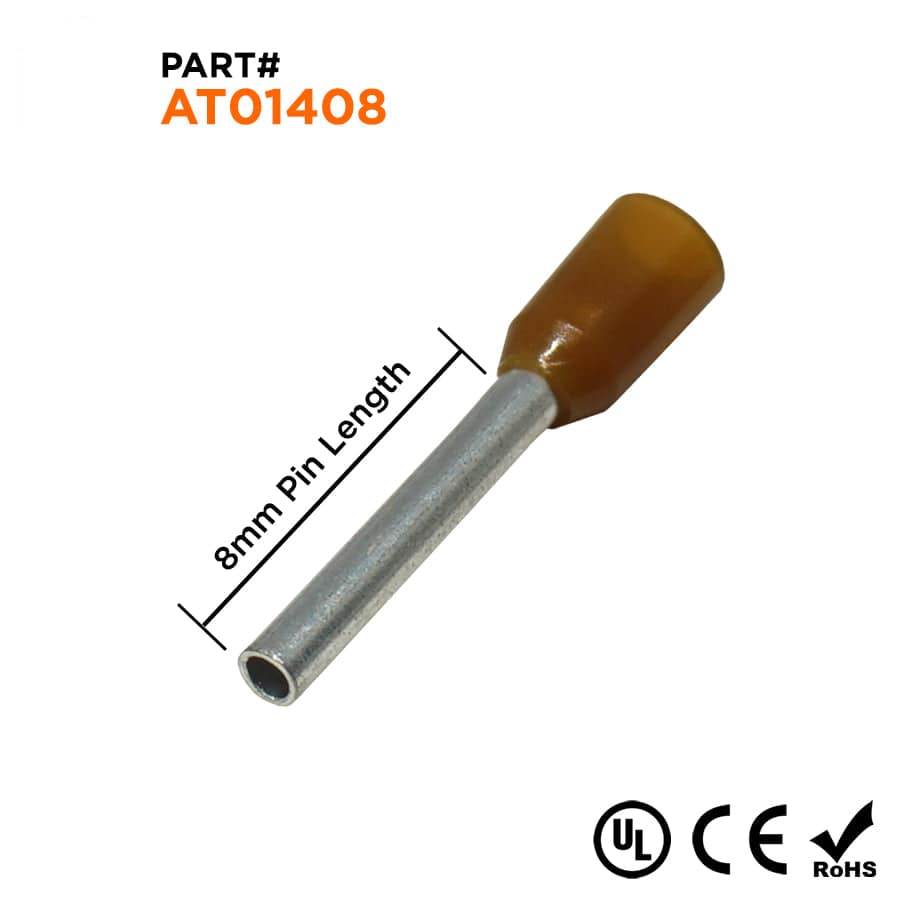 AT01408 - 26 AWG Insulated Wire Ferrules, 8mm Pin, Brown, 500 Pieces
