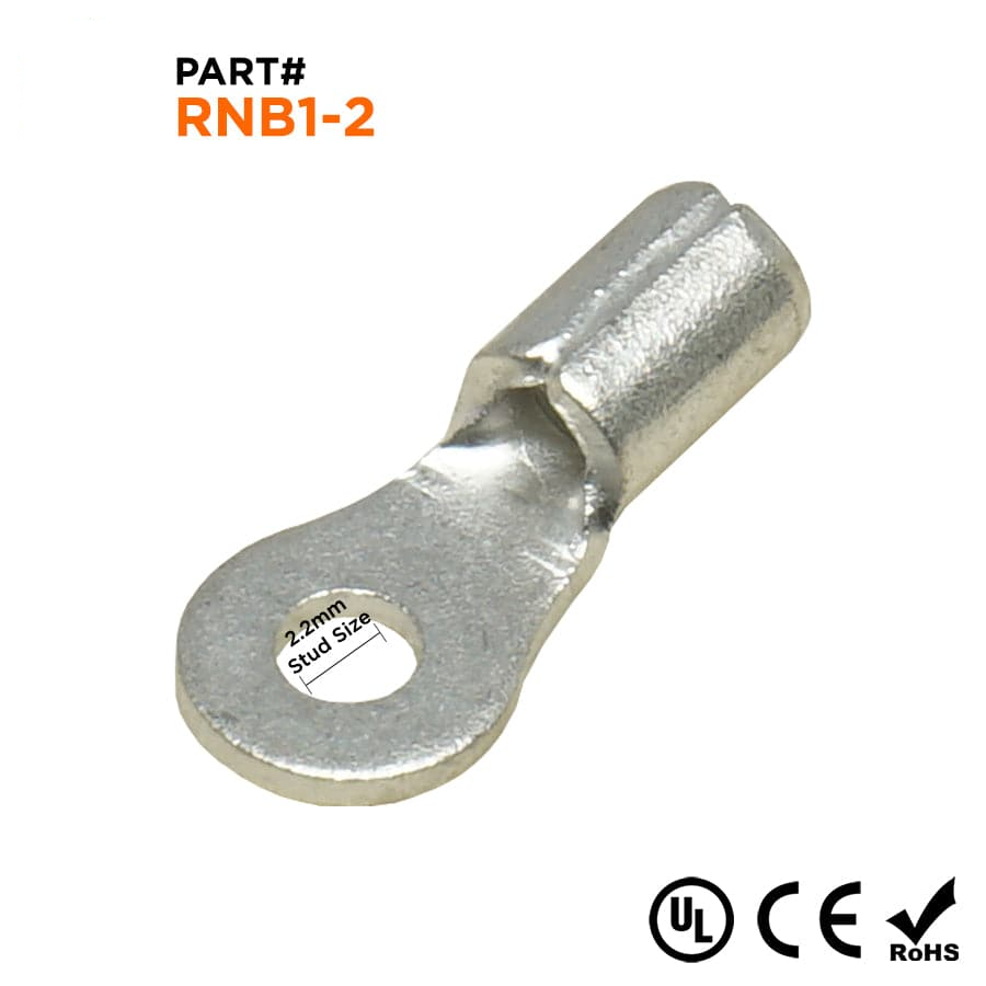 RNB1-2 - 22 to 16 AWG Non Insulated Ring Terminals, #2 Stud, UL Recognized, 100 Pieces
