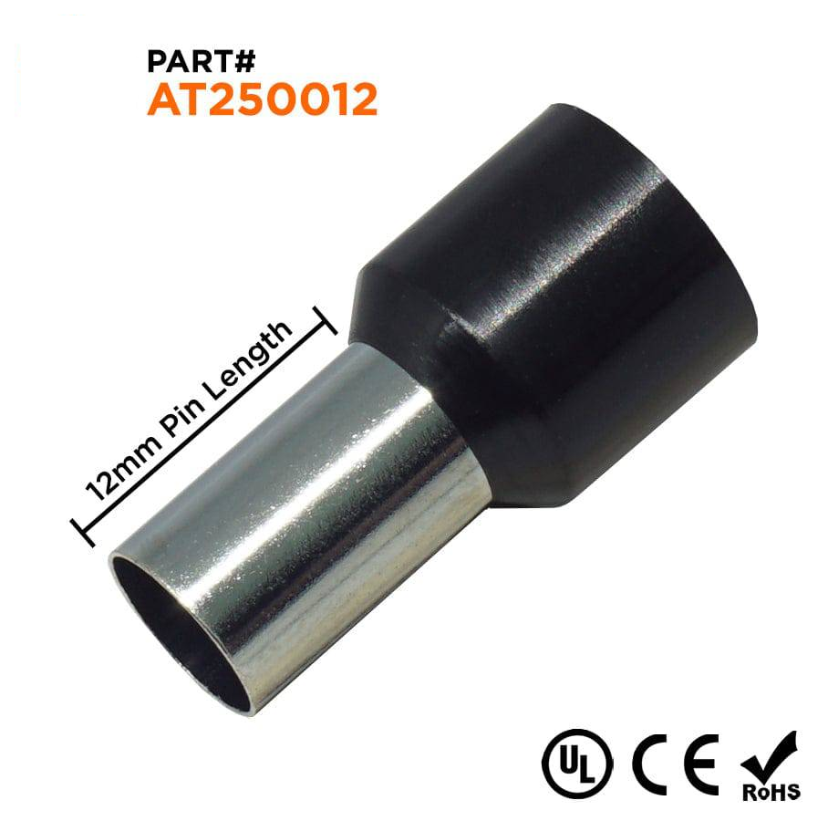 AT250012 - 4 AWG Insulated Wire Ferrules, 12mm Pin, Black, UL Recognized, 100 Pieces