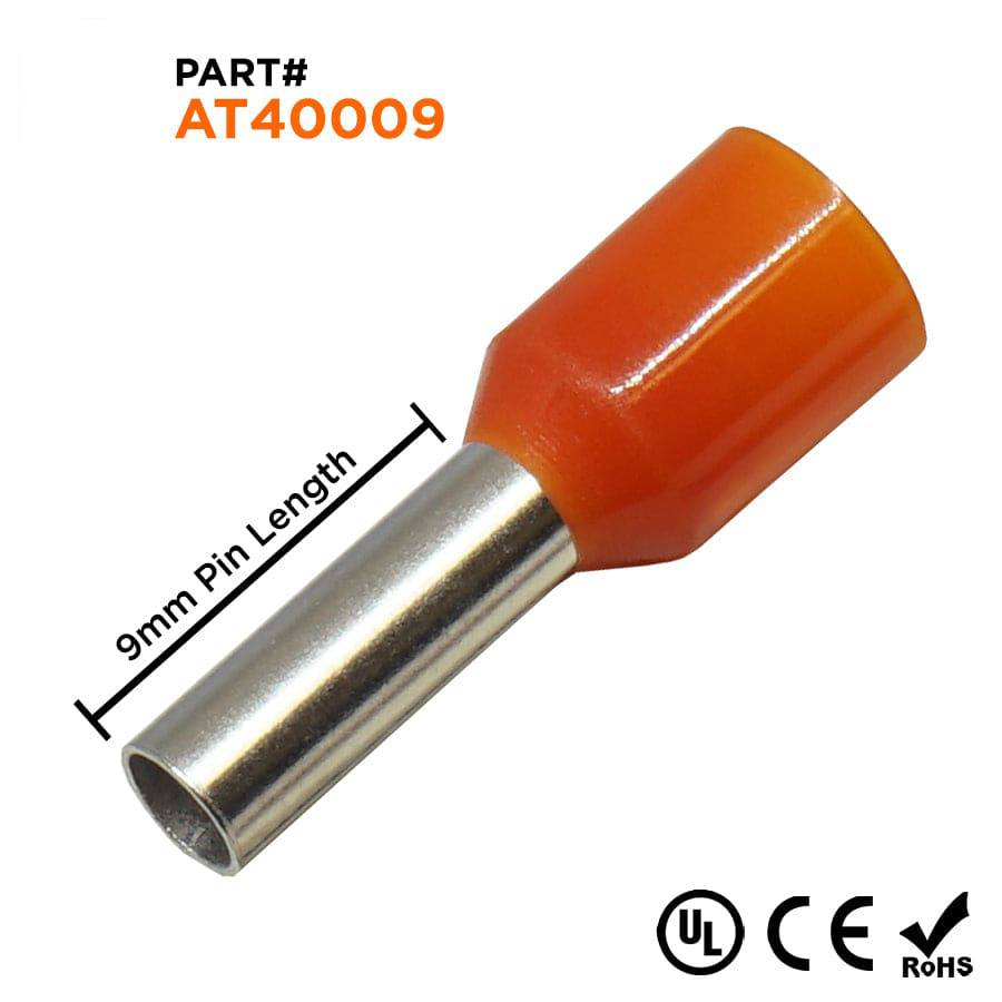 AT40009 - 12 AWG Insulated Punteras, 9mm Pin, Naranja, UL Recognized, 500 piezas