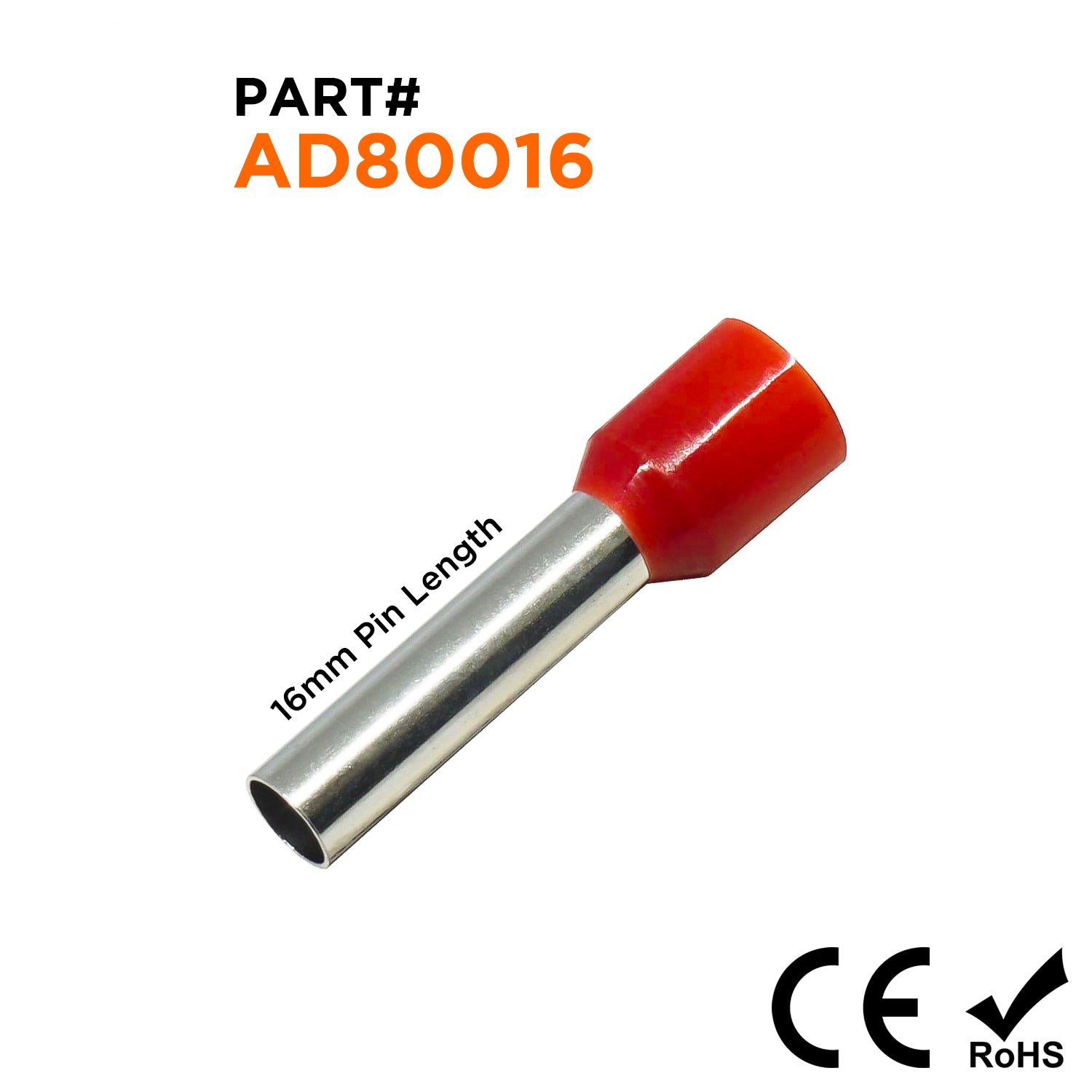 AD80016 - 8 AWG (Small Diameter) Insulated Wire Ferrules, 16mm Pin, Red, 100 Pieces