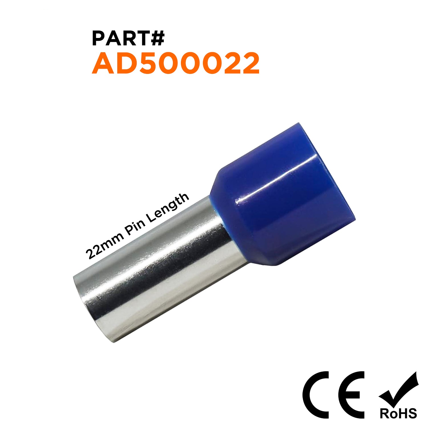 AD500022 - 1 AWG Single Insulated Wire Ferrules, 22mm Pin, Blue, 50 Pieces