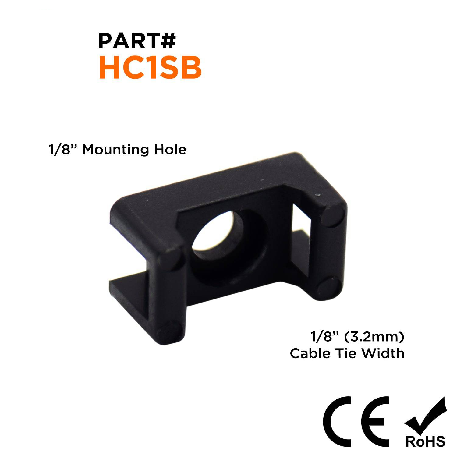 HC1SB - 1/2"L x 1/4"W Nylon Saddle Tie Mounts: Tie Width: 1/8", Screw Width: 1/8", Black, 100 Pieces