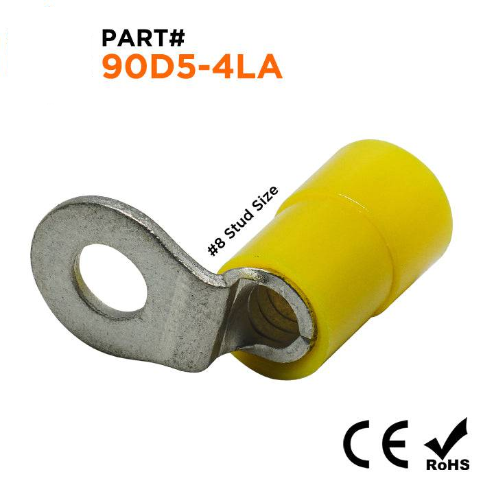 90D5-4LA - 12 a 10 AWG Right Angle Con aislamiento de nailon Terminales de anillo, #8 Orificio, 50 piezas