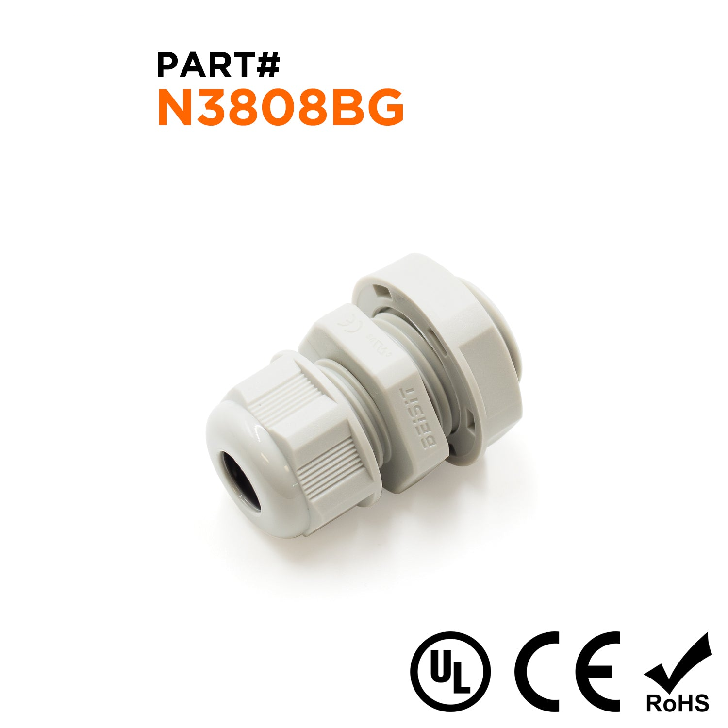 N3808BG - 3/8" NPT Thread Nylon Cable Gland, Beige, Range: 3/16" to 5/16", UL Listed, IP68, IP69K - 1 Piece
