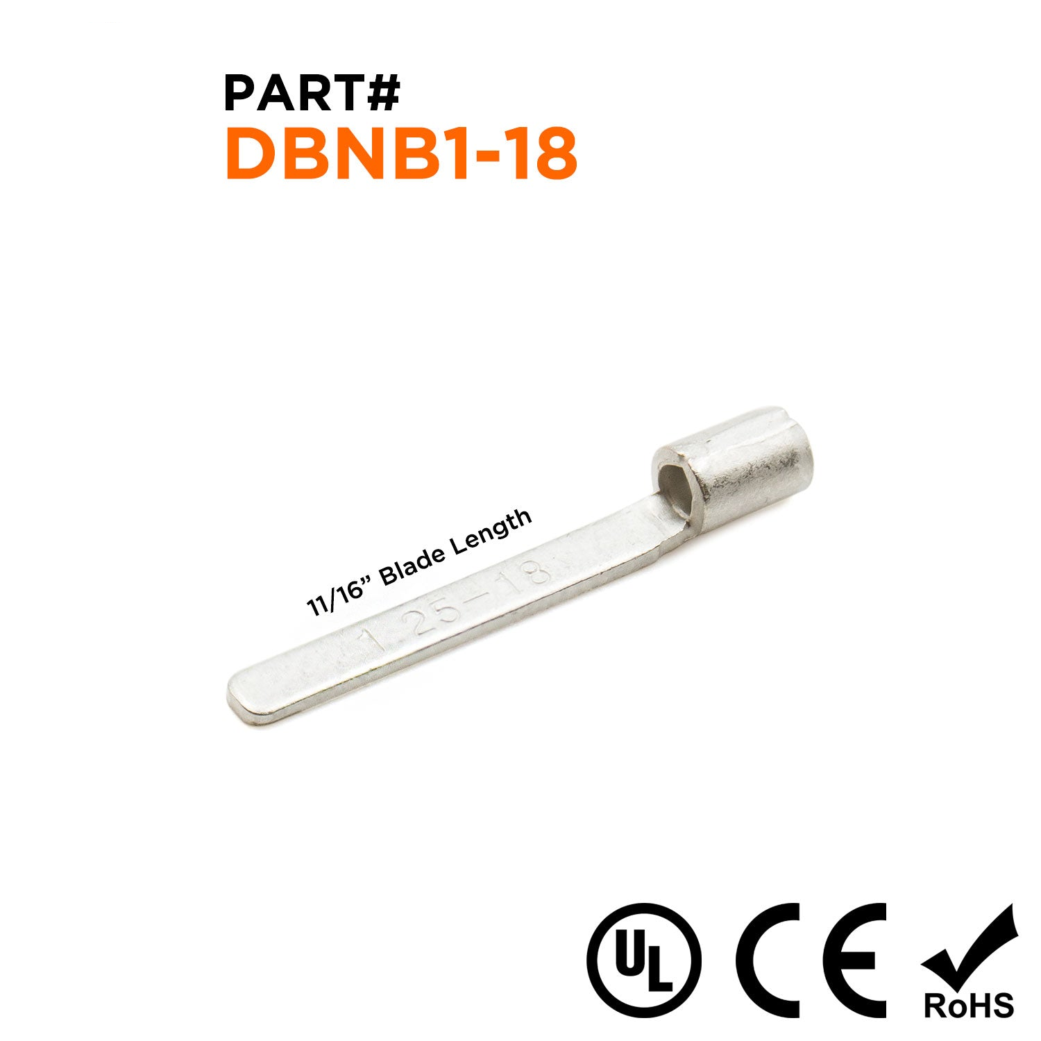 DBNB1-18 - 22 to 16 AWG Non Insulated Blade Terminals, 11/16" Blade Length x 0.087" Width, 100 Pieces