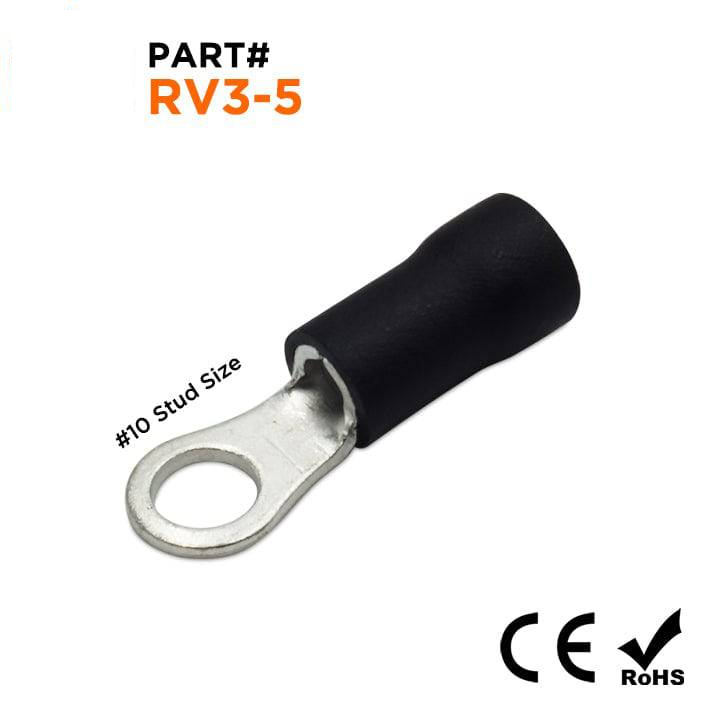 RV3-5 - 14 to 12 AWG Insulated Ring Terminals, #10 Stud, Black, 100 Pieces