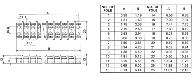 TB18-14P - Barrier Strip Terminal Block, Terminal Strip, 14 Pole, Double Row, 20A, 300V, UL Approved, 1 pieza