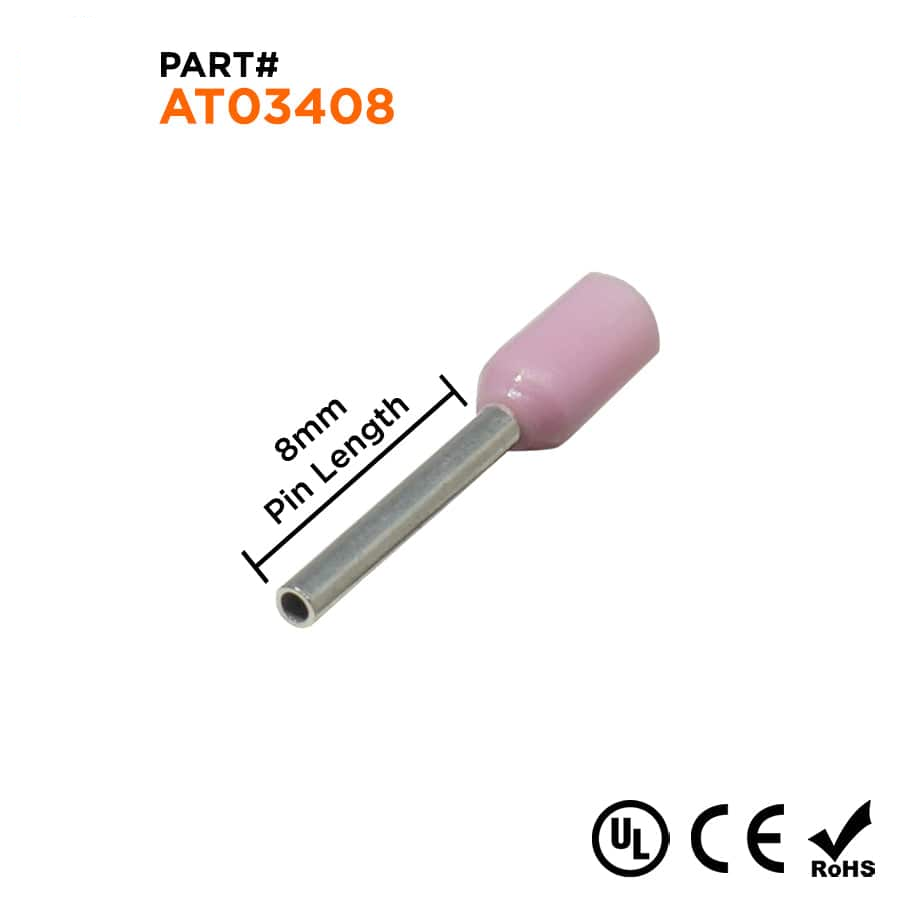 AT03408 - 22 & 24 AWG Single Insulated Wire Ferrules, 8mm Pin, Pink, UL Recognized, 500 Pieces
