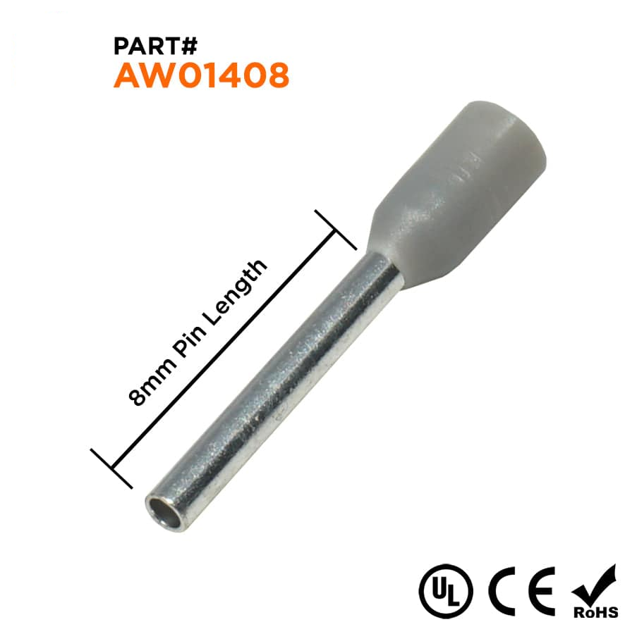 AW01408 - 26 AWG Insulated Punteras, 8mm Pin, Gris, 500 piezas