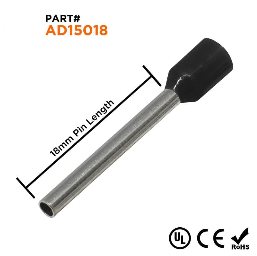 AD15018 - 16 AWG Insulated Wire Ferrules, 18mm Pin, Black, UL Recognized, 500 Pieces