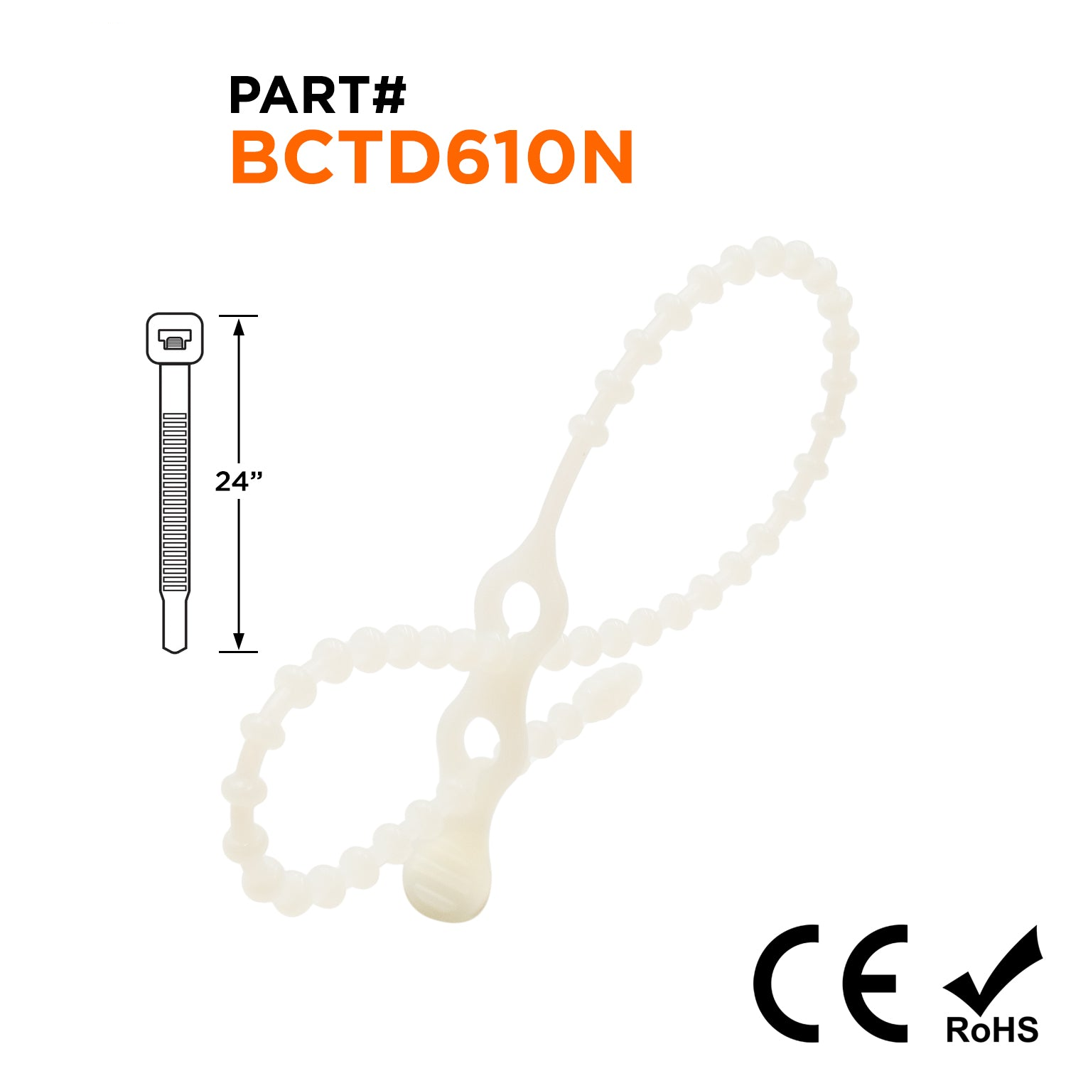 BCTD610N - 24" De alta resistencia Double Loop Beaded De nailon Reusable Bridas, 120-lb Tensile Strength, Natural, 100-Pack