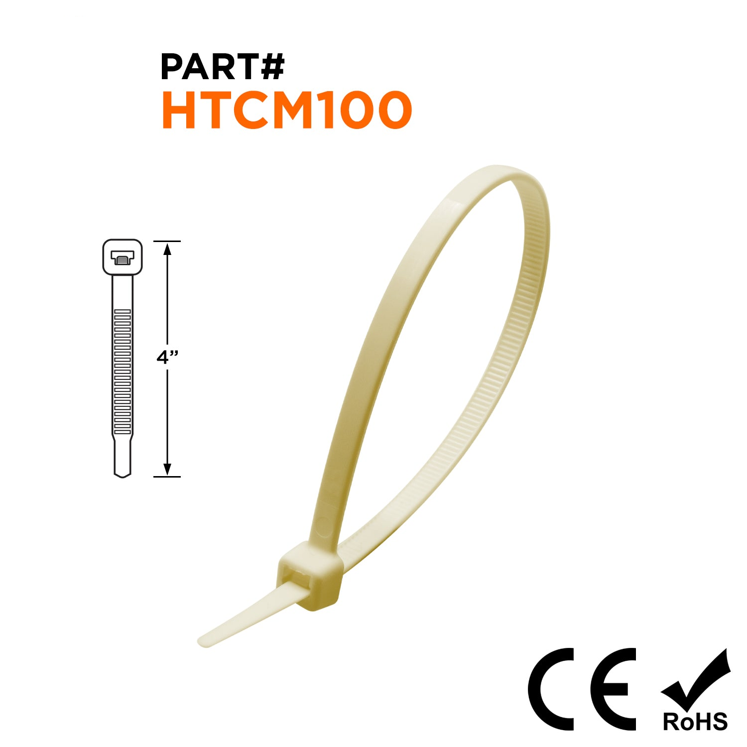 HTCM100 - 4" High Temp Miniature Cable Ties, 18-lb Tensile Strength, 266°F, 100-Pack