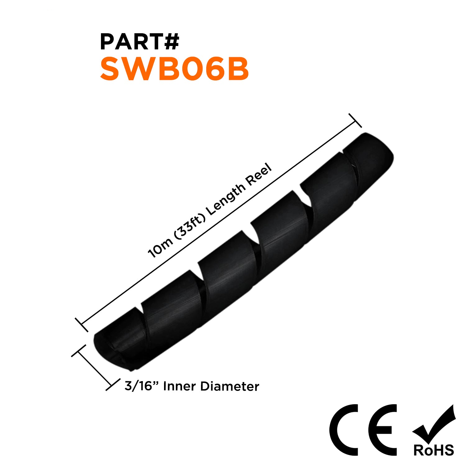 3/16" Polyethylene Spiral Wrap Tubing, Cable Wrap, Black, 33-ft Bundle - SWB06B