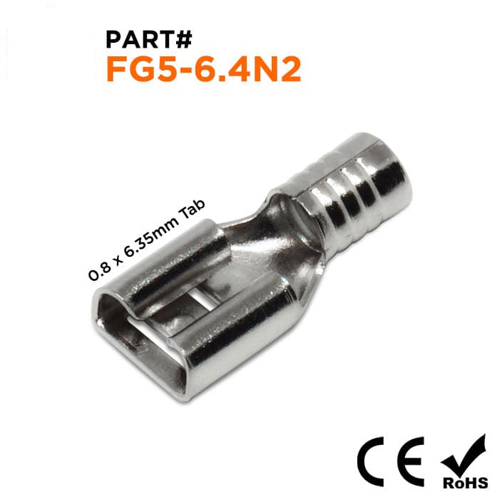 FG5-6.4N2 - 12 to 10 AWG Female Quick Disconnects, Nickel Plated Steel, High Temp, 100 Pieces