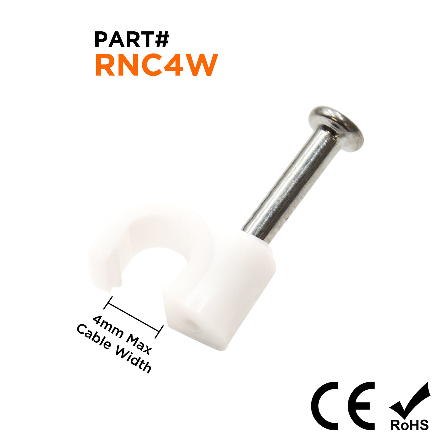 RNC4W - Nail In Cable Clips, Cable Nails Tacks, Round, 4mm, 0.16", White, 100 Pieces