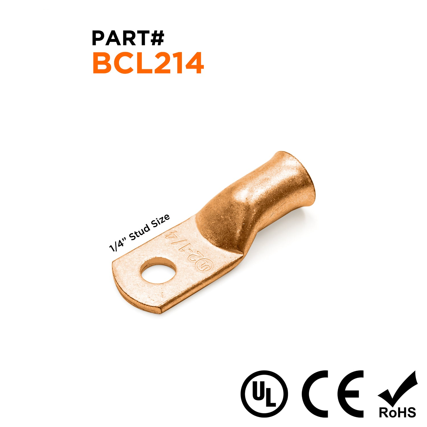 BCL214 - 2 AWG De cobre Battery Cable Lugs, Terminal Lugs, 1/4" Orificio, 1 pieza