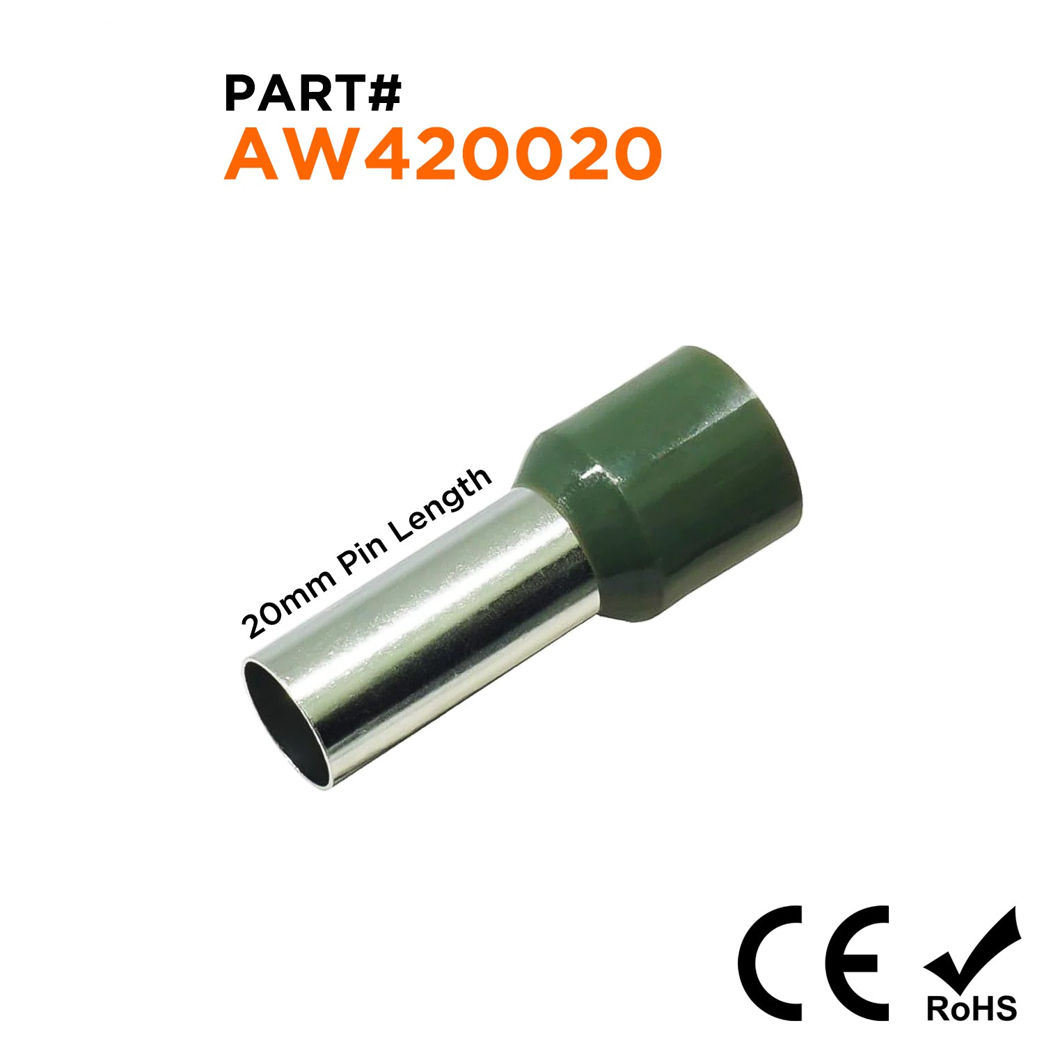 AW420020 - 1 AWG (Small Diameter) Insulated Wire Ferrules, 20mm Pin, Olive Green, 50 Pieces
