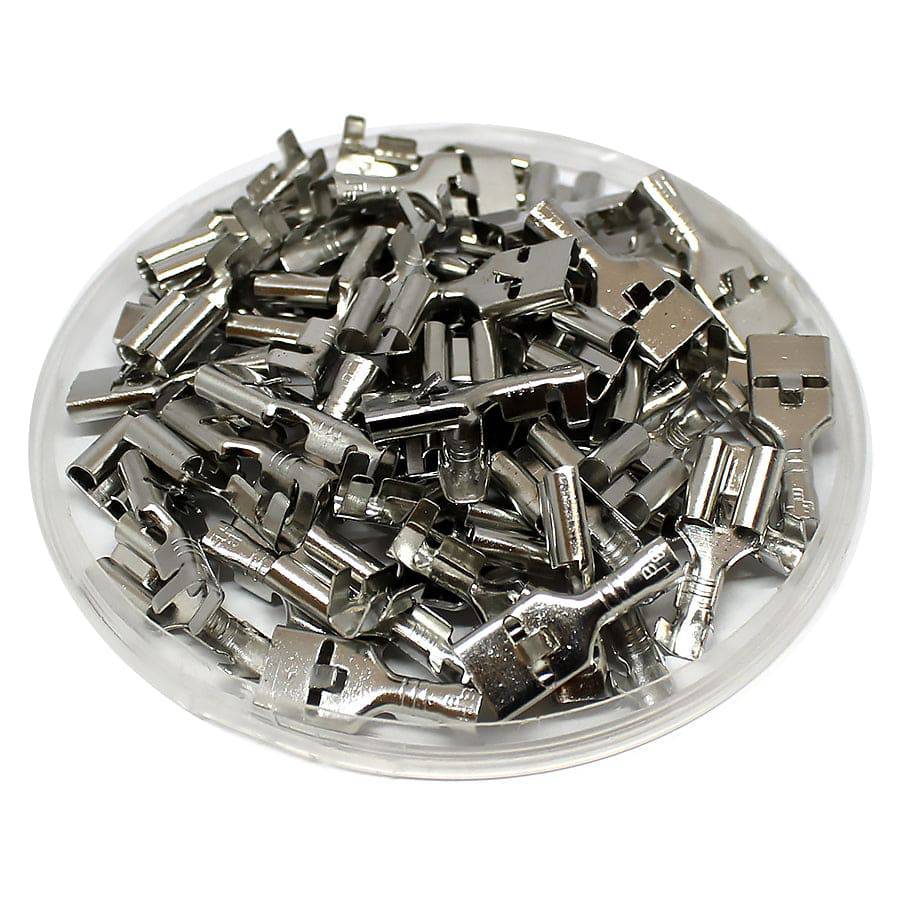 DJ623-A6.3B-T - 18 to 16 AWG Female Quick Disconnects, Tin Plated Brass, Lock Tab, 100 Pieces