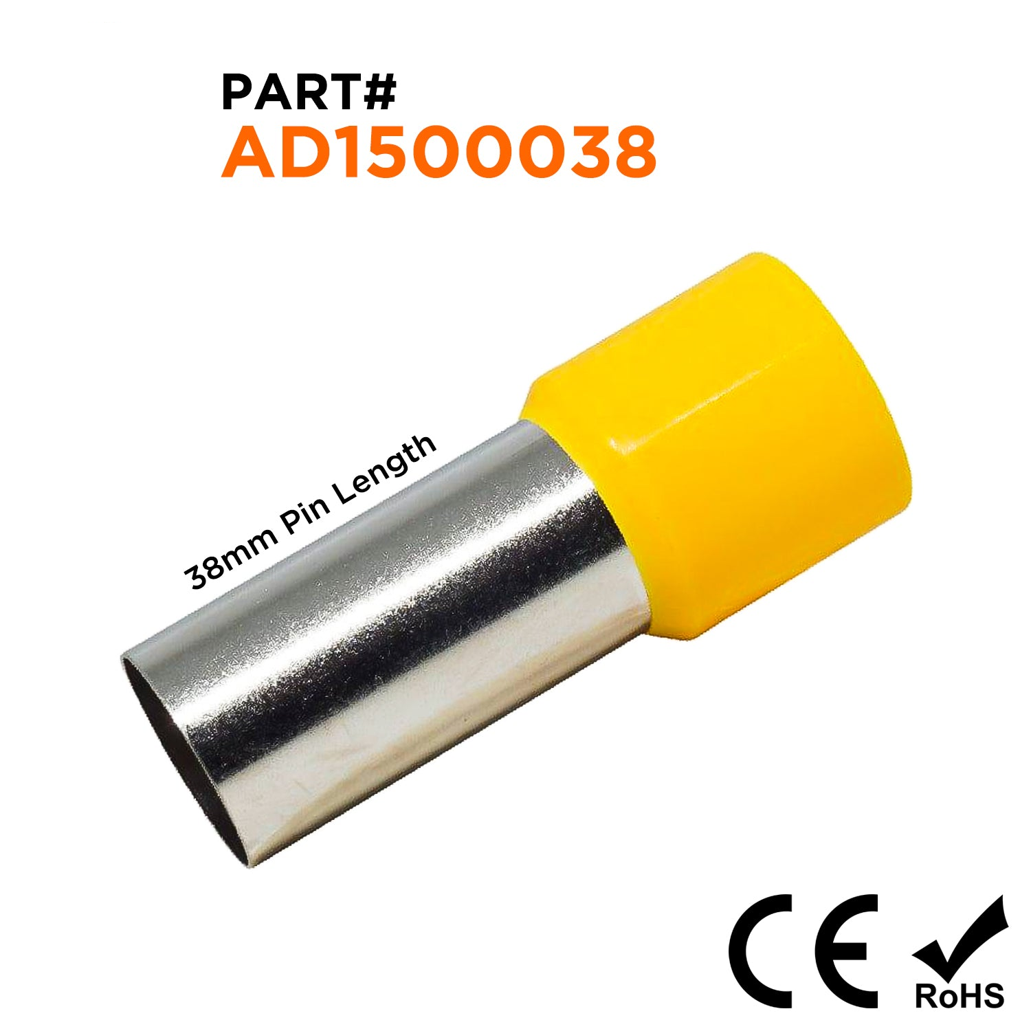 AD1500038 - 250 MCM & 300 MCM Insulated Wire Ferrules, 38mm Pin, Yellow, 25 Pieces