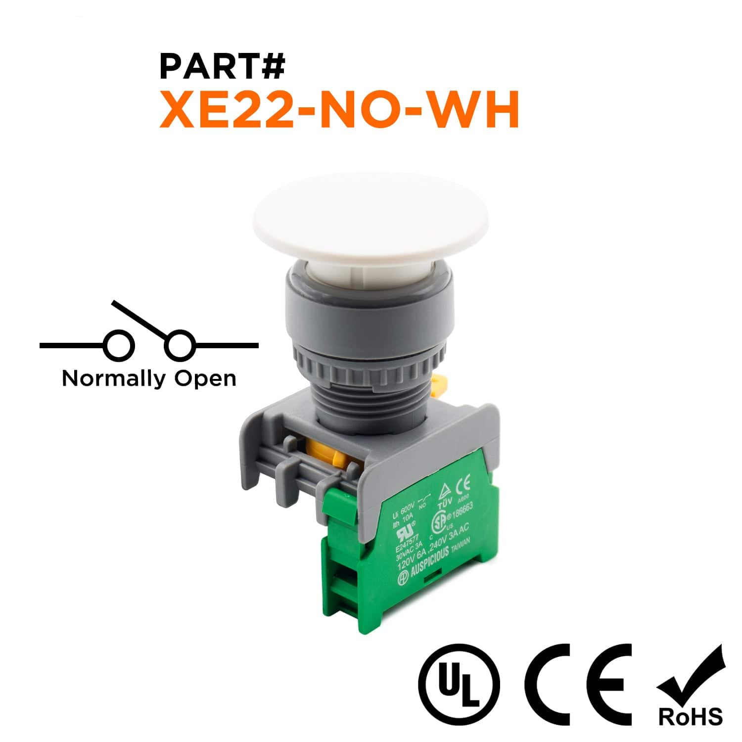 XE22-NO-WH - 40mm White Mushroom Head Push Button, (NO), 1 Piece