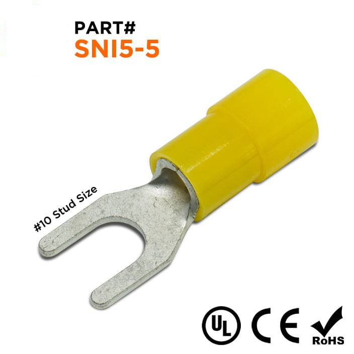 SNI5-5 - 12 to 10 AWG Polycarbonate Spade Terminals, #10 Stud, 100 Pieces