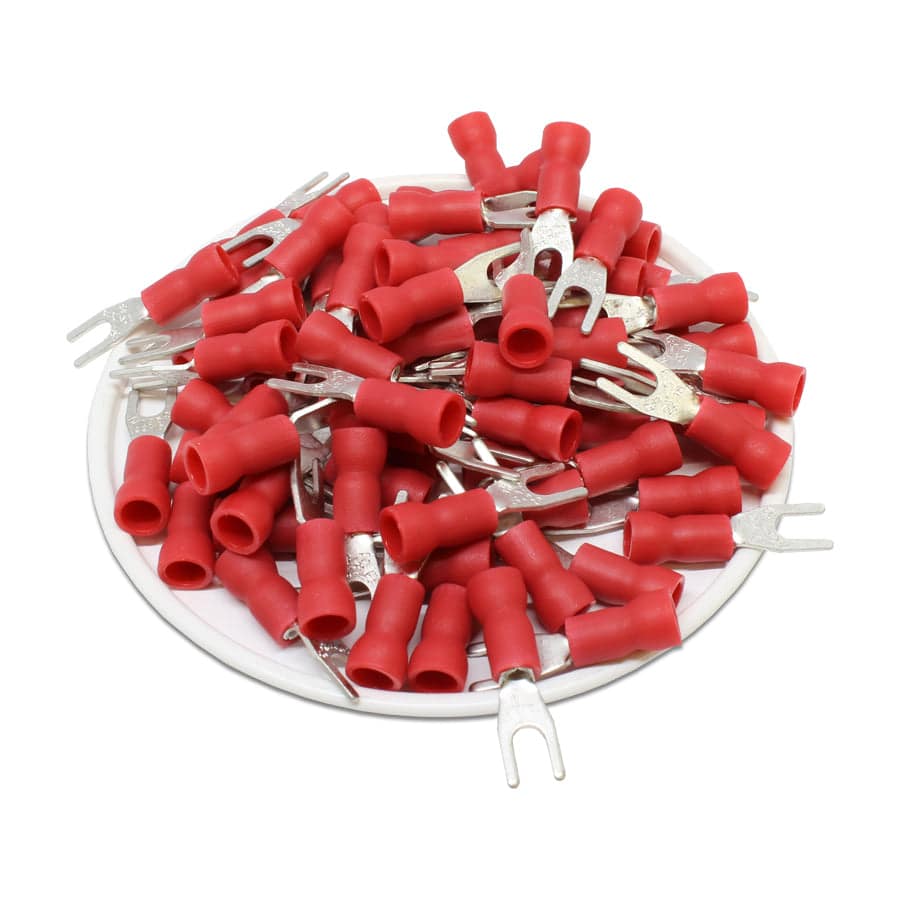 SVEL1-3.7 - 22 to 16 AWG Vinyl PVC Insulated Spade Terminals, #6 Stud, Red, 100 Pieces