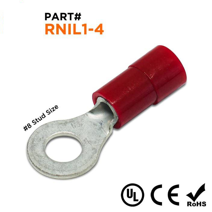 RNIL1-4 - 22 to 16 AWG Polycarbonate Ring Terminals, #8 Stud, 100 Pieces