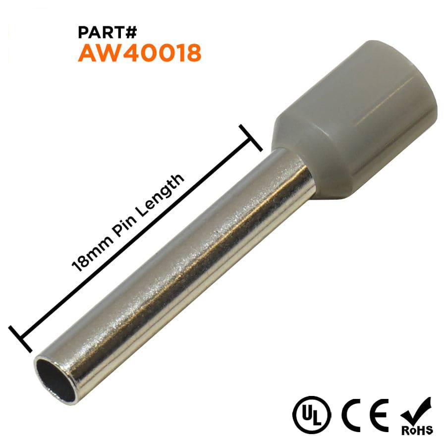 AW40018 - 12 AWG Insulated Wire Ferrules, 18mm Pin, Gray, UL Recognized, 500 Pieces