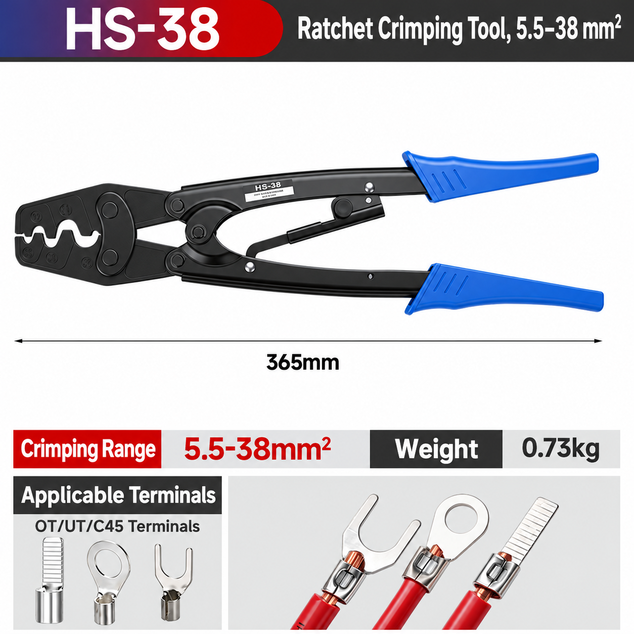 HS-38, crimpadora manual de carraca, 5.5–38 mm²