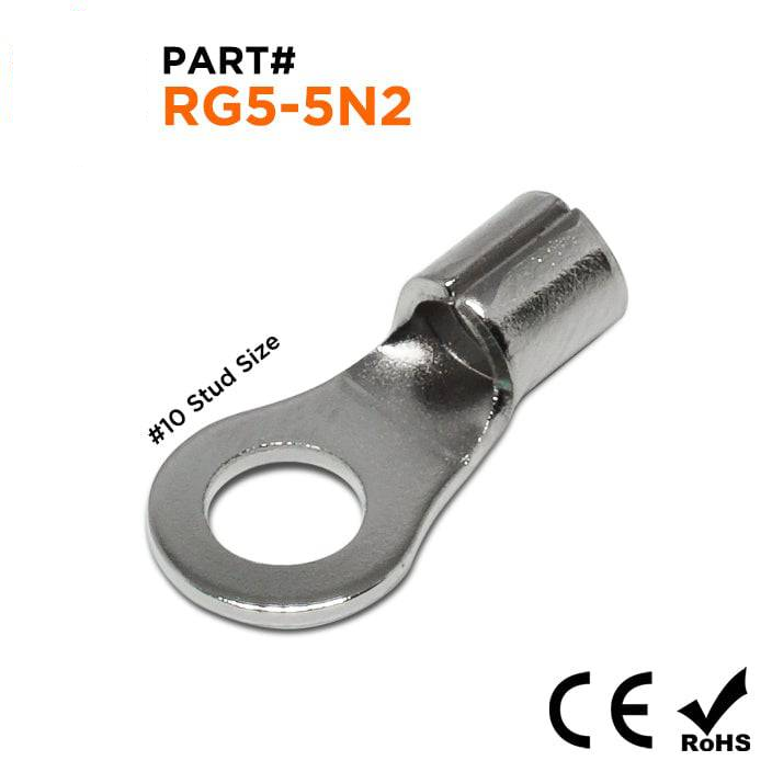 RG5-5N2 - 12 to 10 AWG High Temperature Ring Terminals, #10 Stud, Steel, 900°F, 100 Pieces