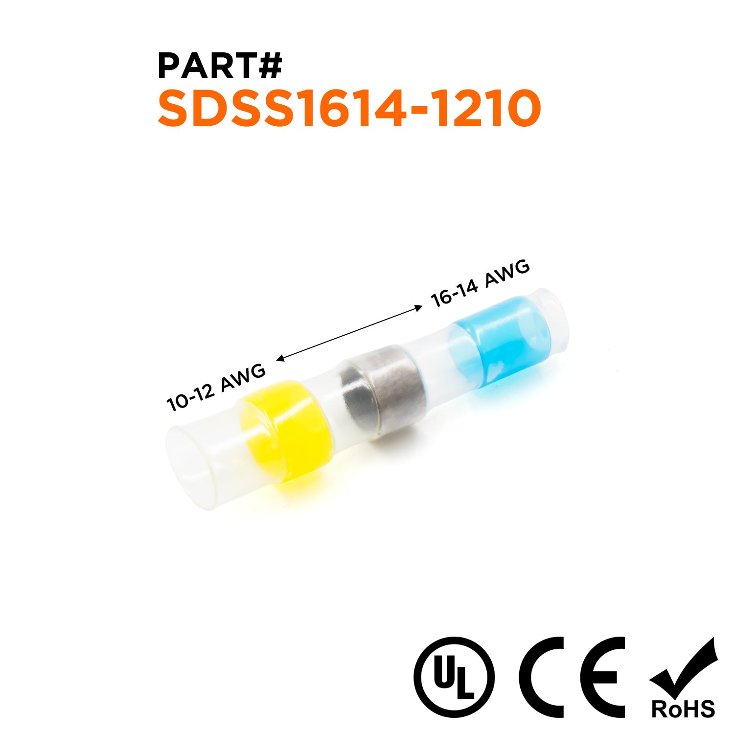 SDSS1614-1210 - 16-14 to 12-10 AWG Heat Shrinkable Step-Down Solder Sleeve, Blue/Yellow, 25 Pieces