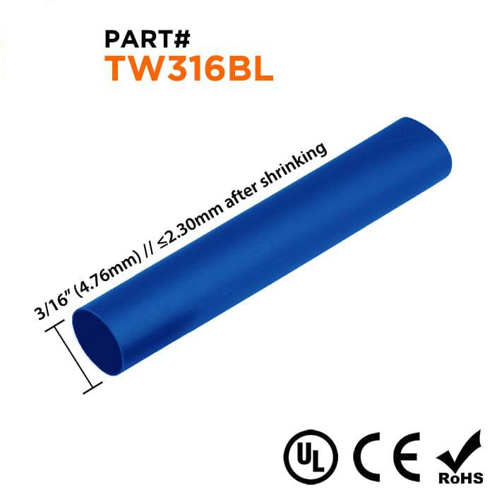 TW316BL - 3/16" Thin Wall Heat Shrink Tubing, 2:1 Shrink Ratio, Blue, Spool of 250ft