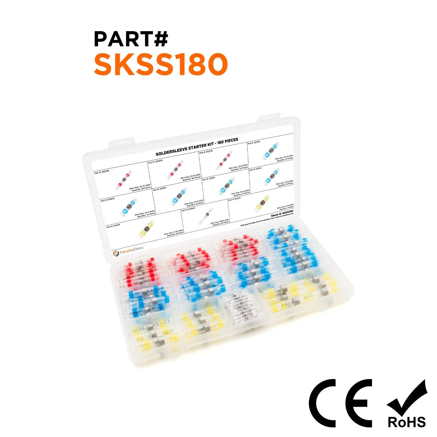SKSS180 - 26 to 10 AWG Heat Shrink Solder Seal Connectors Mini Kit, 180 Pieces, IP67 Waterproof, 1 Kit