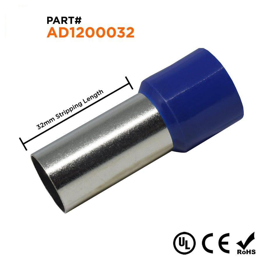 AD1200032 - 4/0 AWG Insulated Wire Ferrules, 32mm Pin, Blue, UL Recognized, 25 Pieces