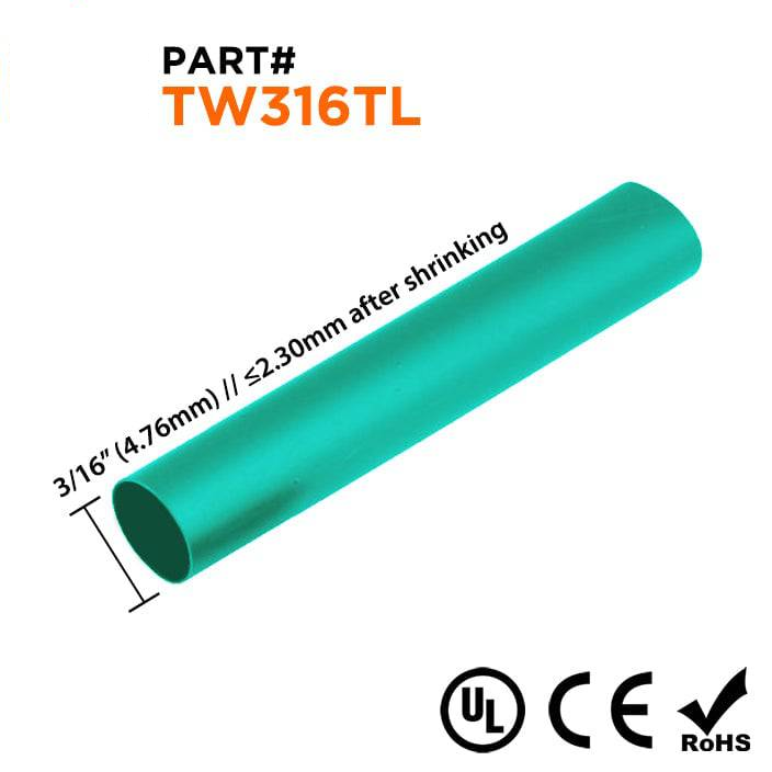 TW316TL - 3/16" Thin Wall Heat Shrink Tubing, 2:1 Shrink Ratio, Teal, Spool of 250ft