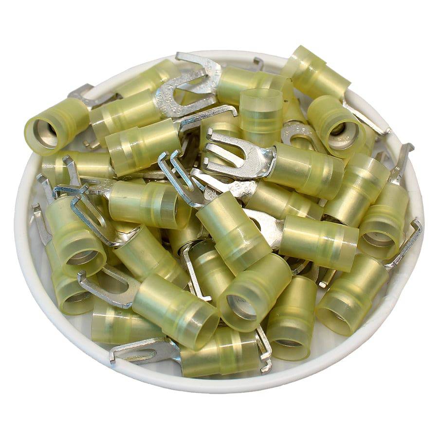 FSNYD5-5 - 12 to 10 AWG Nylon Insulated Flange Spade Terminals, #10 Stud, Double Crimp, 100 Pieces