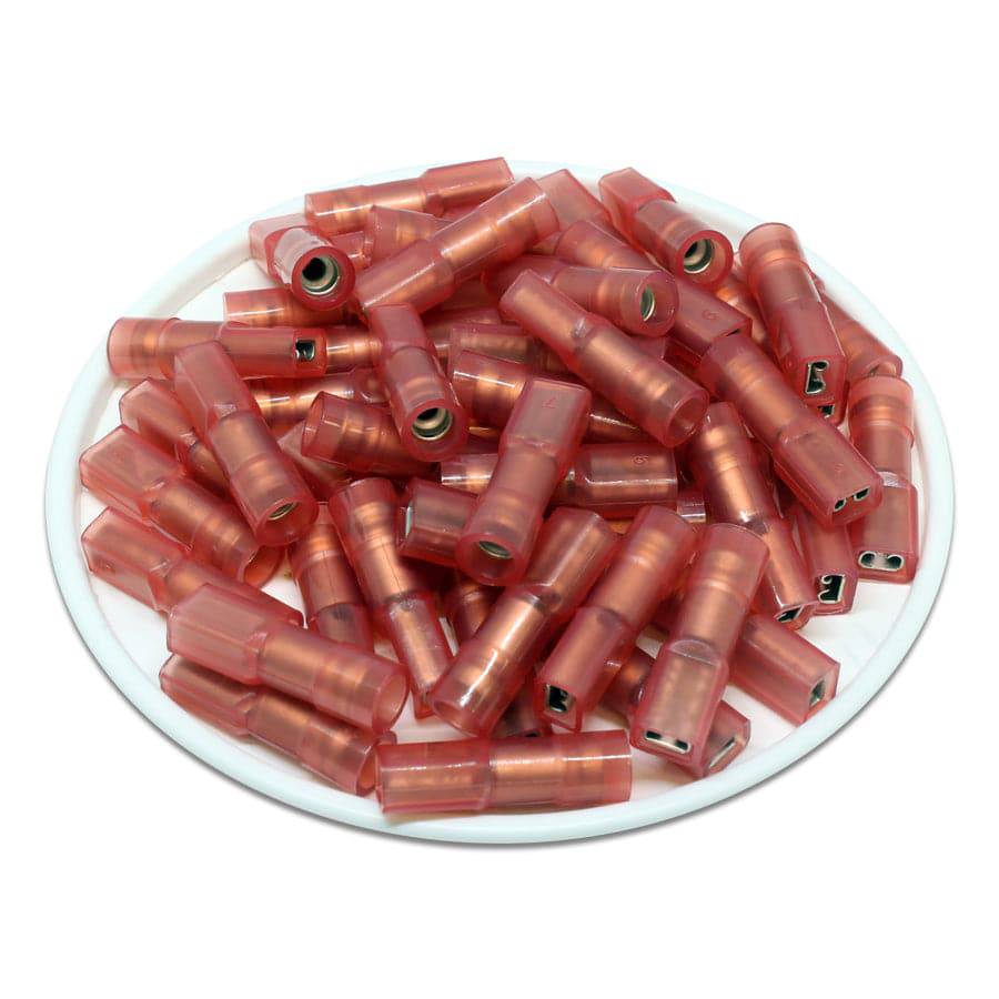 FDFNYD1-110(5) - 22 to 16 AWG Nylon Insulated Quick Disconnects, Female, Fully Insulated, Red, Double Crimp, 100 Pieces