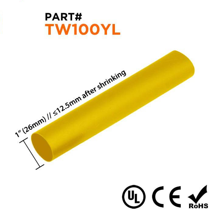 TW100YL - 1" Thin Wall Heat Shrink Tubing, 2:1 Shrink Ratio, Yellow, Spool of 100ft