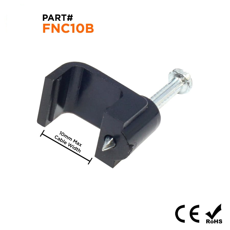 FNC10B - Flat Nail Cable Clip - Black - 10mm